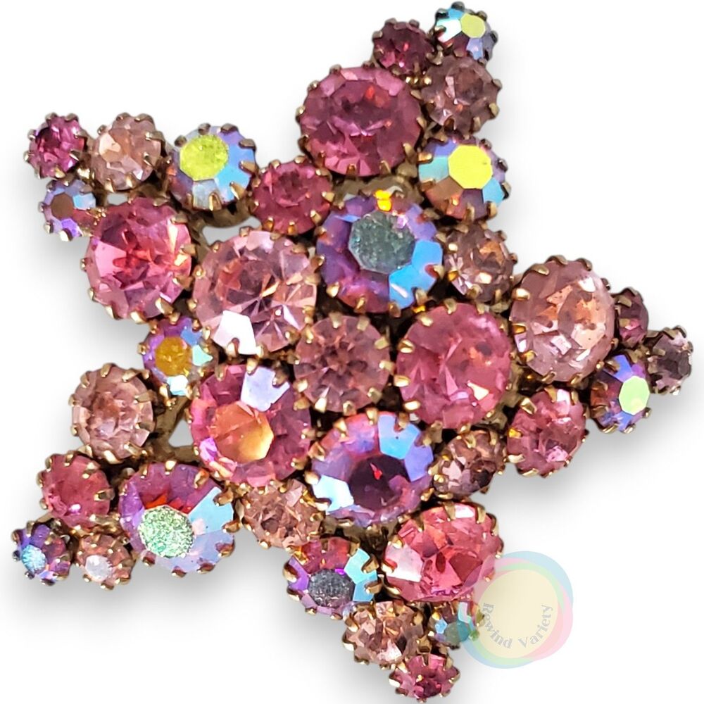 Vintage Pink AB Rhinestone Star Brooch 2"